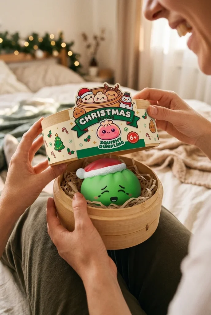 Christmas Hat Dumpling Squishy Elfe Grün beim Auspacken