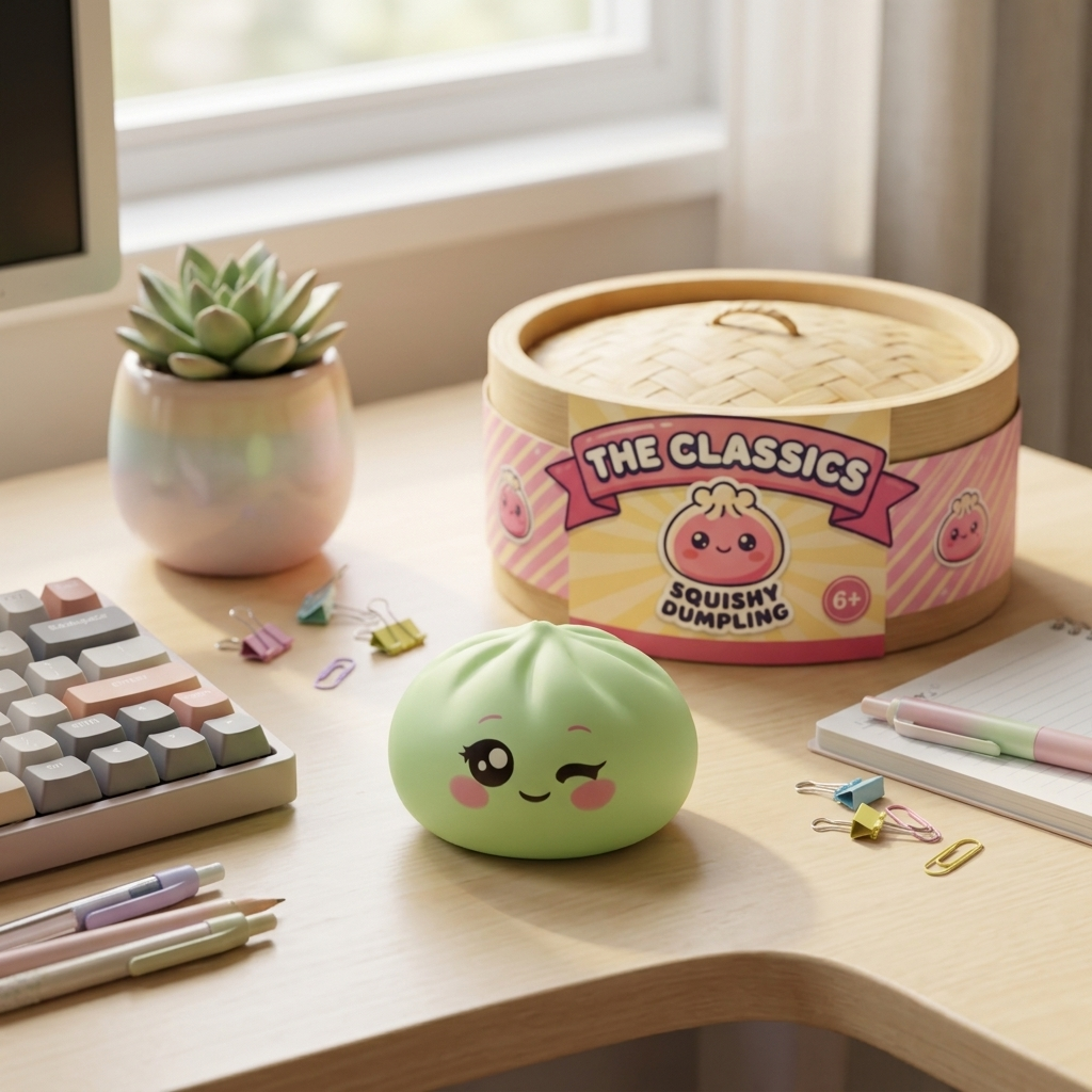 Dumpling Squishy Pistaziengrün mit Zwinkergesicht in seiner kawaii Umgebung