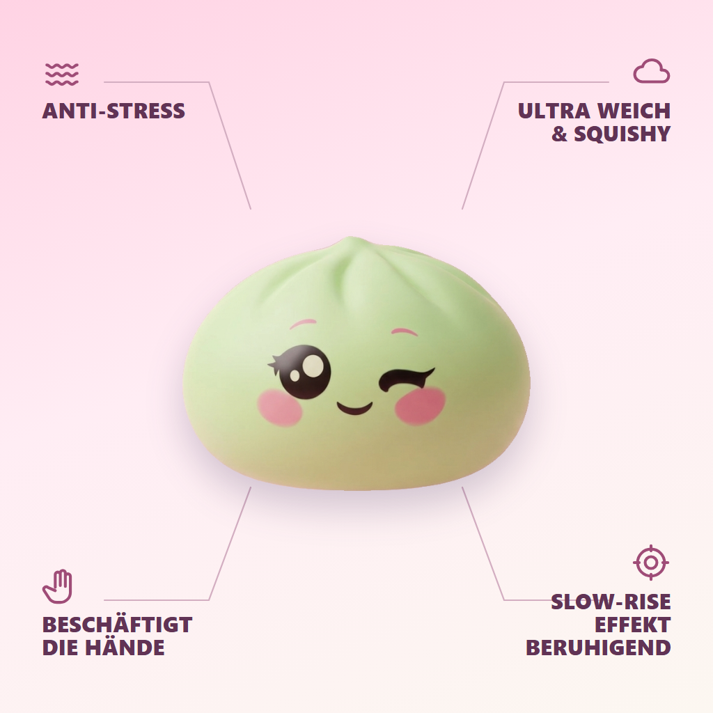 Dumpling Squishy Pistaziengrün mit Zwinkergesicht — seine Vorteile