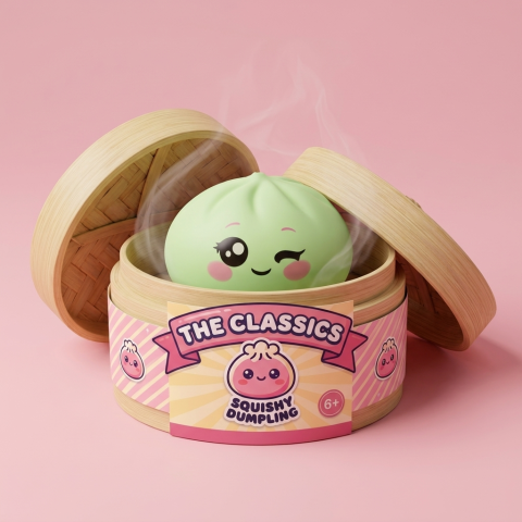 Dumpling Squishy Pistaziengrün mit Zwinkergesicht im Bambus-Dämpfkörbchen