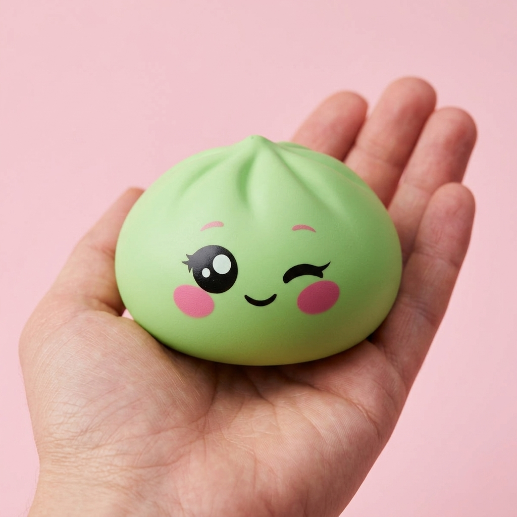 Dumpling Squishy Pistaziengrün mit Zwinkergesicht in der Hand gehalten, echte Größe