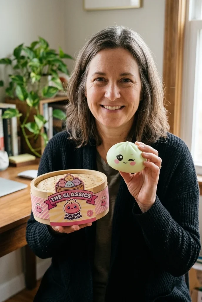 Dumpling Squishy Pistaziengrün mit Zwinkergesicht mit seiner Box