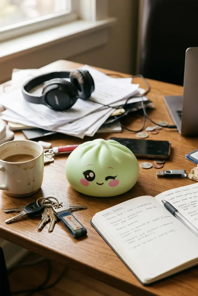 Dumpling Squishy Pistaziengrün mit Zwinkergesicht auf dem Schreibtisch