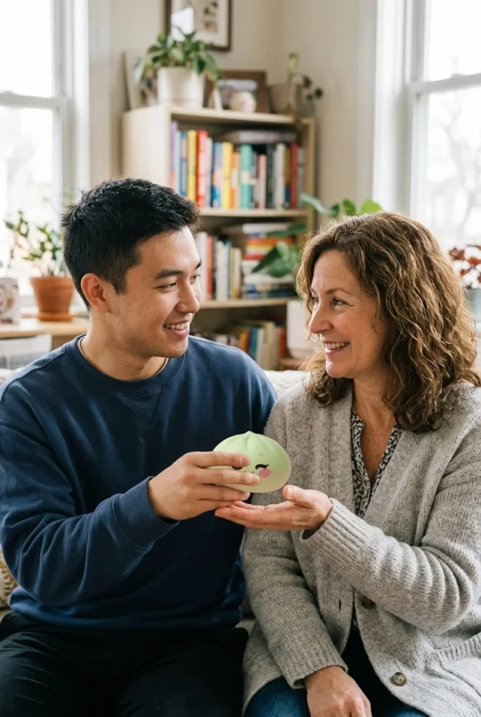 Dumpling Squishy Pistaziengrün mit Zwinkergesicht als Geschenkidee
