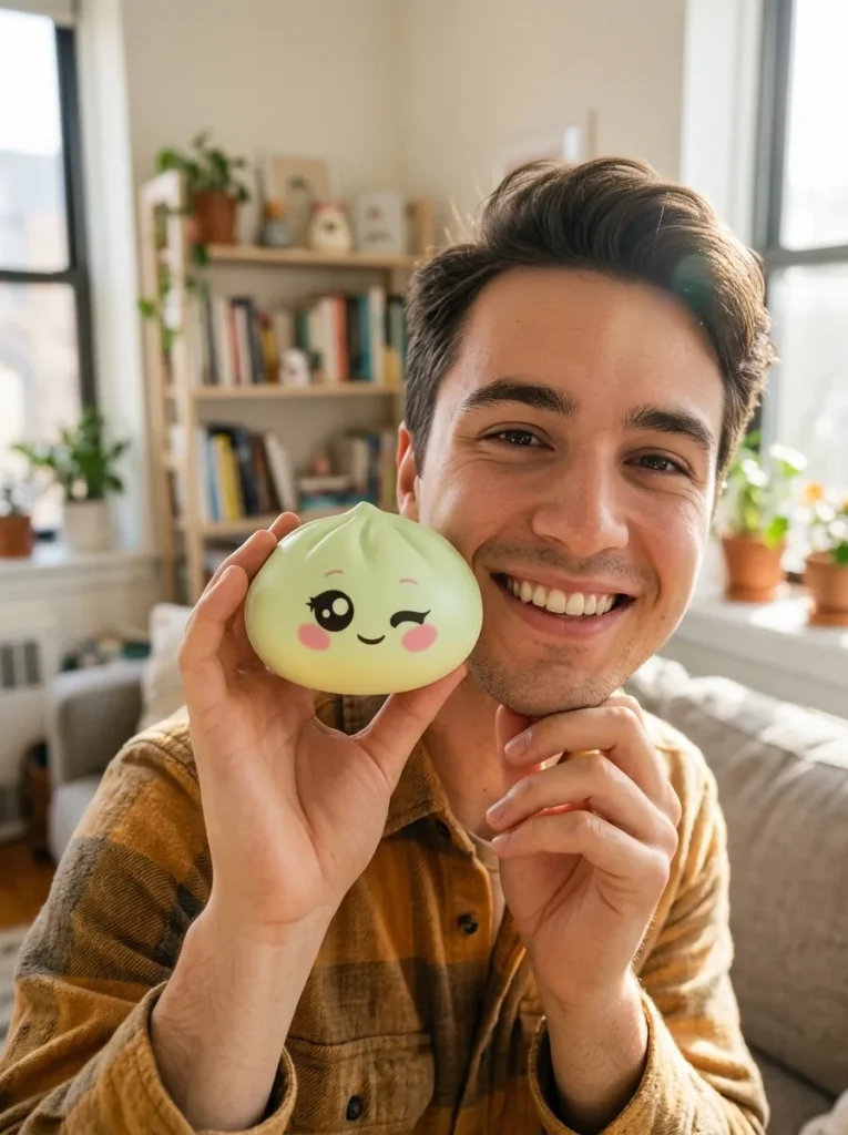Dumpling Squishy Pistaziengrün mit Zwinkergesicht im Alltag