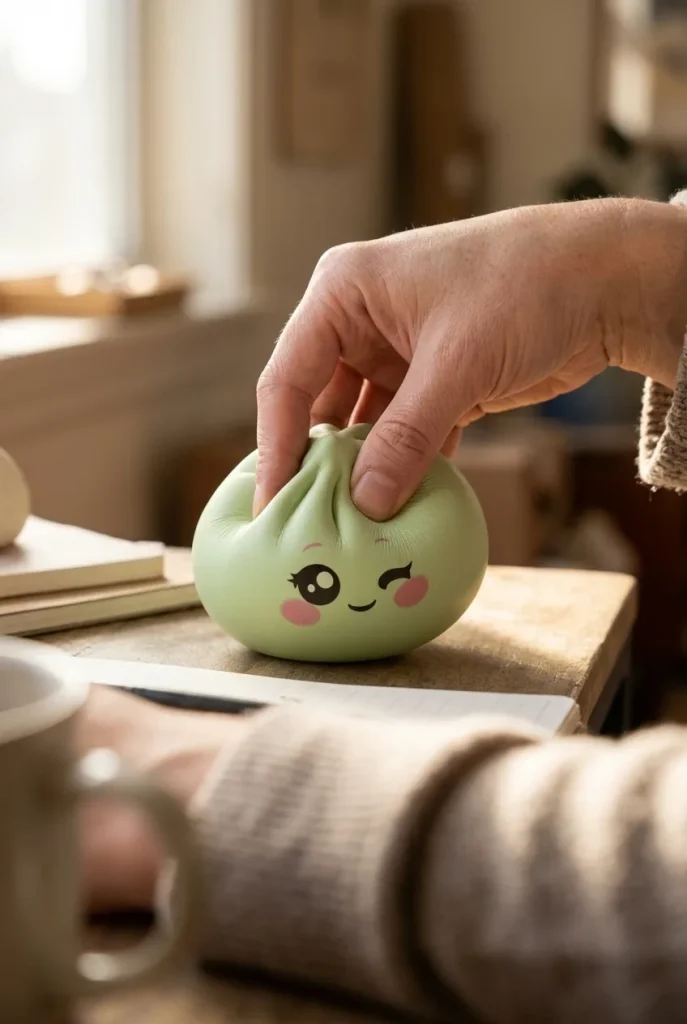 Dumpling Squishy Pistaziengrün mit Zwinkergesicht beim Drücken