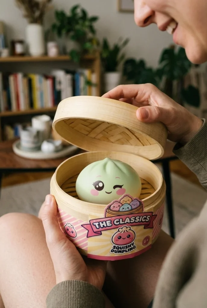 Dumpling Squishy Pistaziengrün mit Zwinkergesicht beim Auspacken