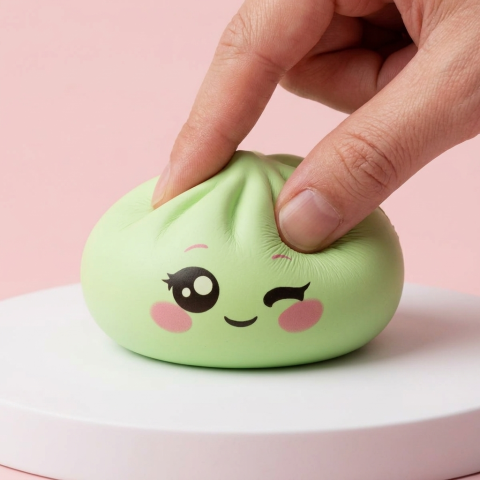 Dumpling Squishy Pistaziengrün mit Zwinkergesicht beim Drücken, weiches Material