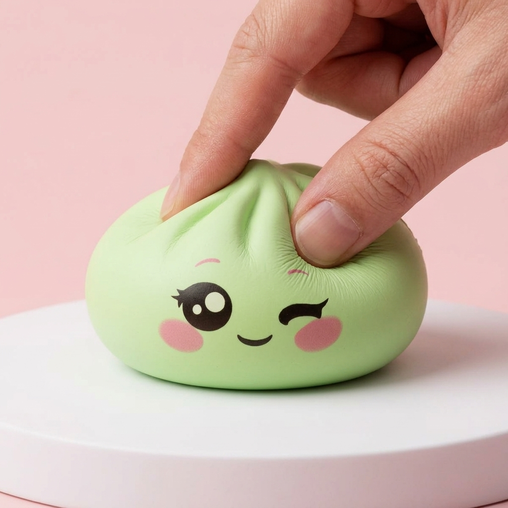 Dumpling Squishy Pistaziengrün mit Zwinkergesicht beim Drücken, weiches Material