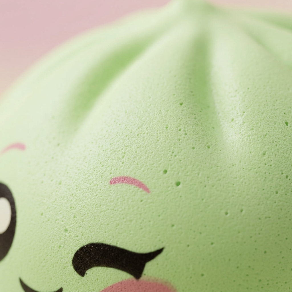 Dumpling Squishy Pistaziengrün mit Zwinkergesicht — Makro-Nahaufnahme der Textur
