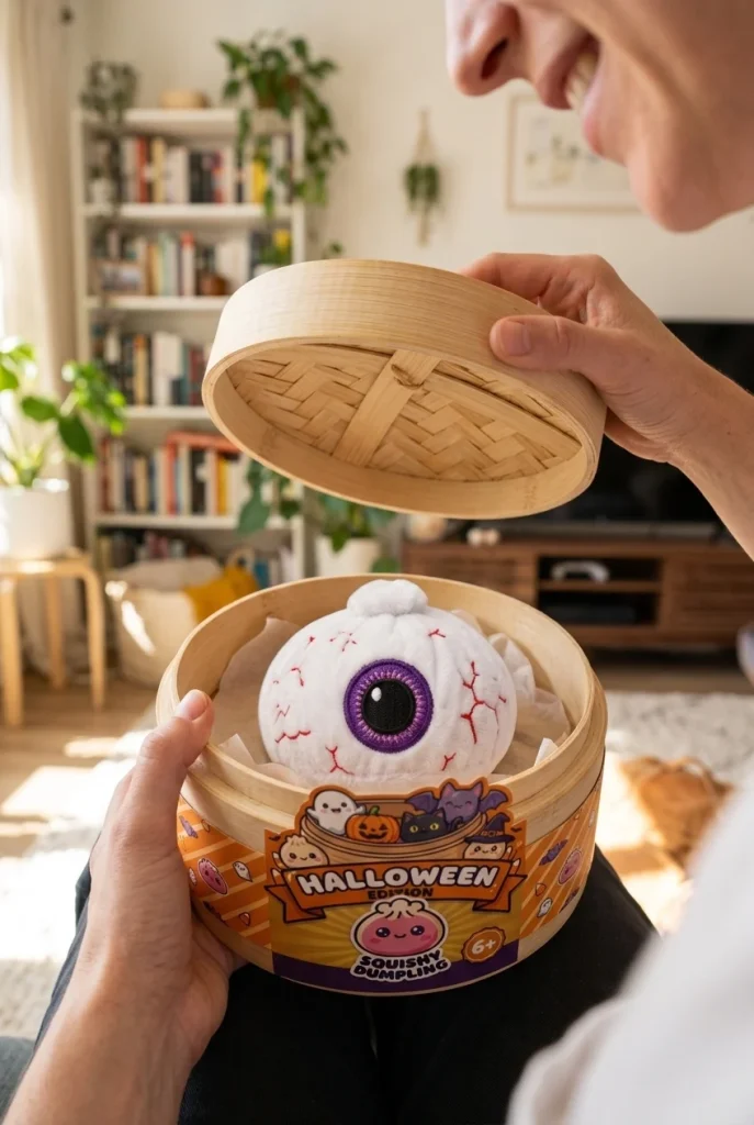 Squishy Dumpling Halloween Auge Plüsch beim Auspacken