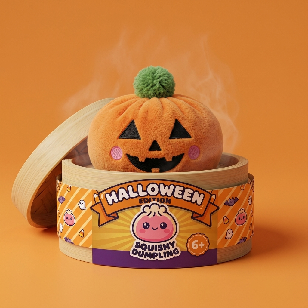 Squishy Dumpling Kürbis Halloween im Bambus-Dämpfkörbchen