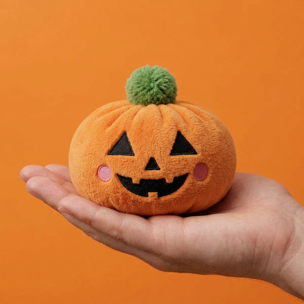 Squishy Dumpling Kürbis Halloween in der Hand gehalten, echte Größe