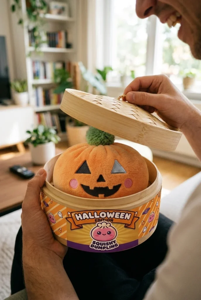 Squishy Dumpling Kürbis Halloween beim Auspacken