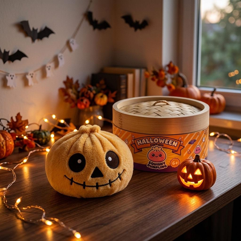 Skeleton Dumpling Squishy Halloween Grinsend in seiner kawaii Umgebung