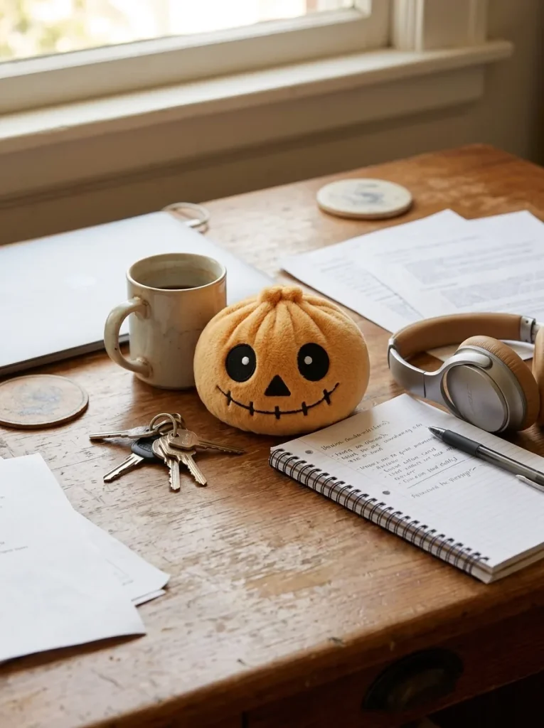 Skeleton Dumpling Squishy Halloween Grinsend auf dem Schreibtisch