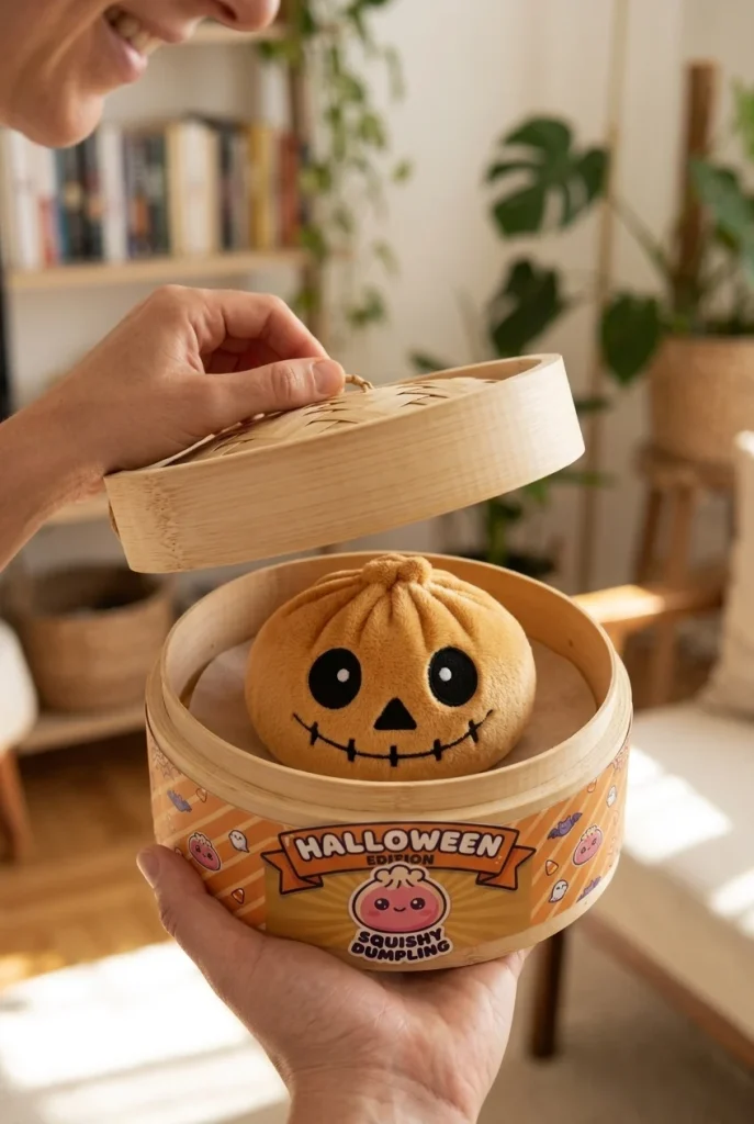 Skeleton Dumpling Squishy Halloween Grinsend beim Auspacken