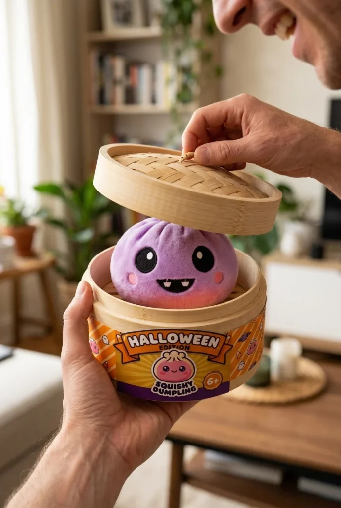 Squishy Dumpling Vampire Halloween Samt-Plüsch beim Auspacken