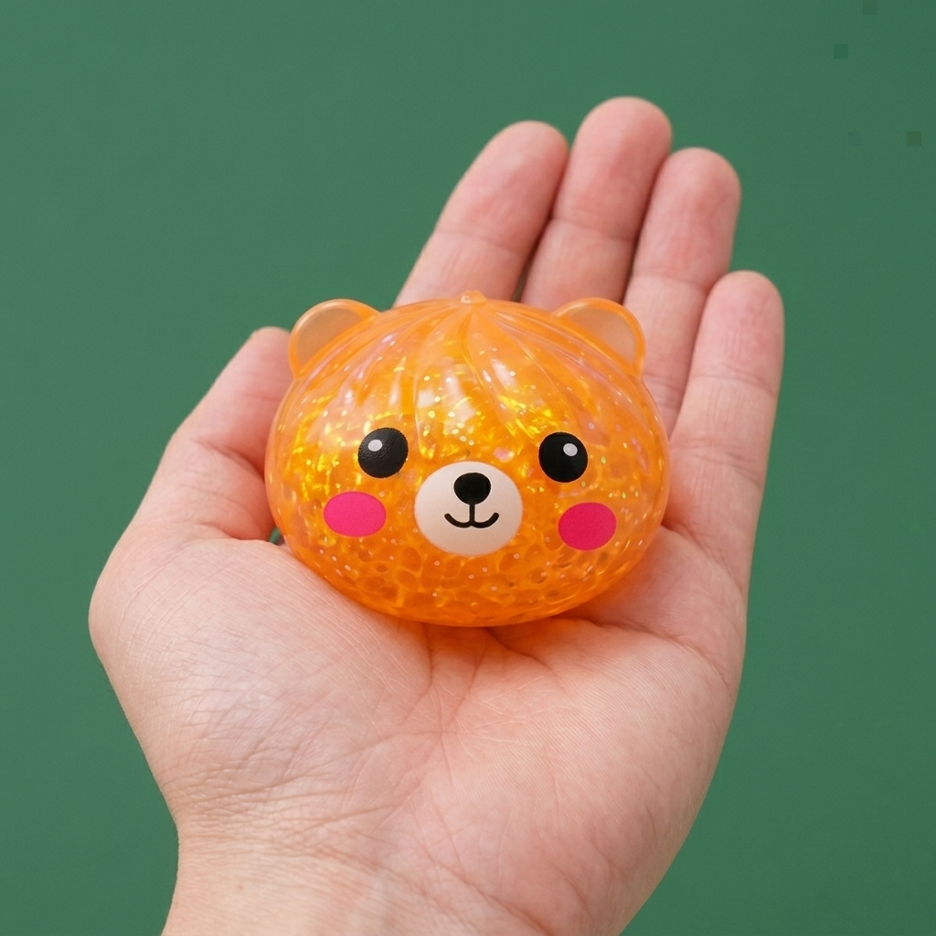 Dumpling Squishy Bär Mystery Glitter in der Hand gehalten, echte Größe