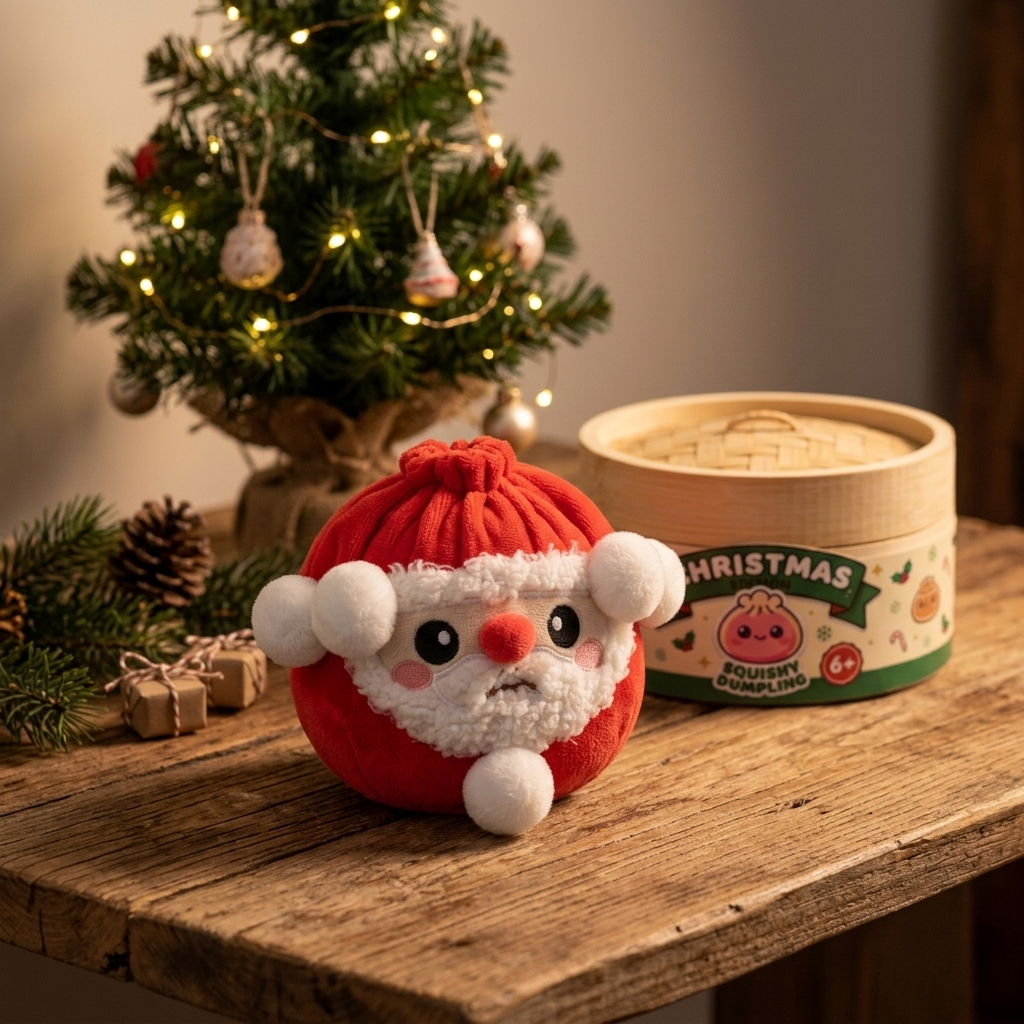 Squishy Dumpling Mystery Christmas Plüschfigur in seiner kawaii Umgebung