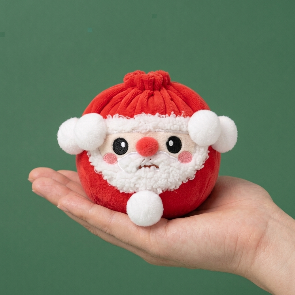 Squishy Dumpling Mystery Christmas Plüschfigur in der Hand gehalten, echte Größe