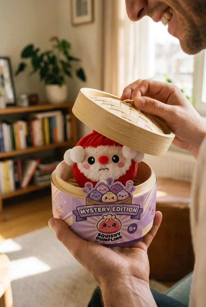 Squishy Dumpling Mystery Christmas Plüschfigur beim Auspacken