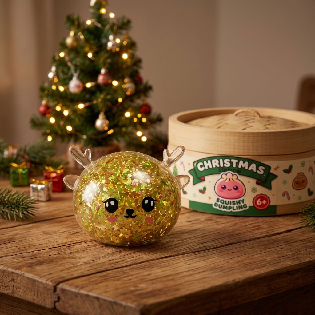 Dumpling Squishy Rentier Mystery Glitzer in seiner kawaii Umgebung