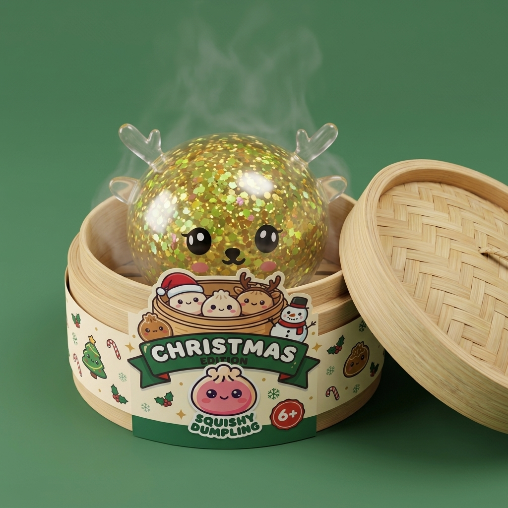 Dumpling Squishy Rentier Mystery Glitzer im Bambus-Dämpfkörbchen