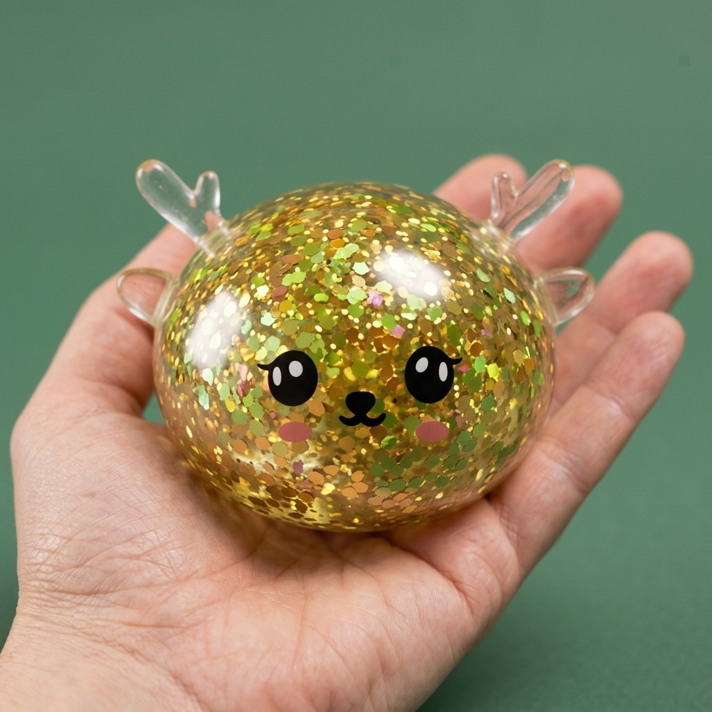 Dumpling Squishy Rentier Mystery Glitzer in der Hand gehalten, echte Größe