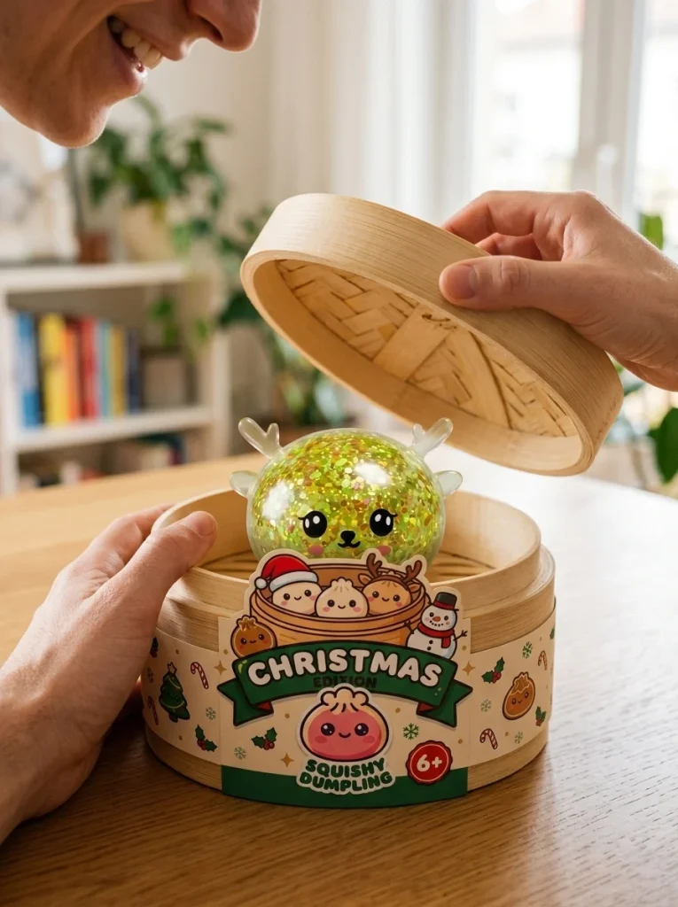 Dumpling Squishy Rentier Mystery Glitzer beim Auspacken