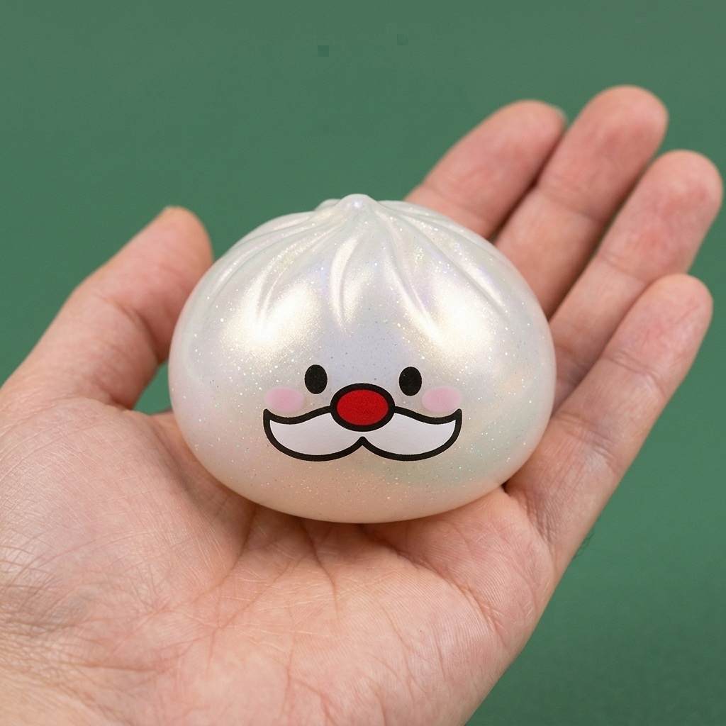 Squishy Dumpling Weihnachtsmann-Bart Mystery in der Hand gehalten, echte Größe