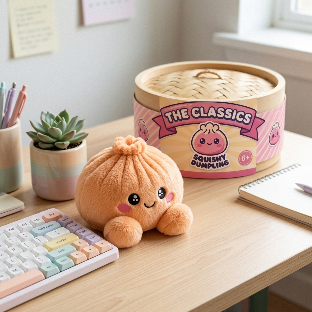 Squishy Dumpling Orange Plüschtier in seiner kawaii Umgebung