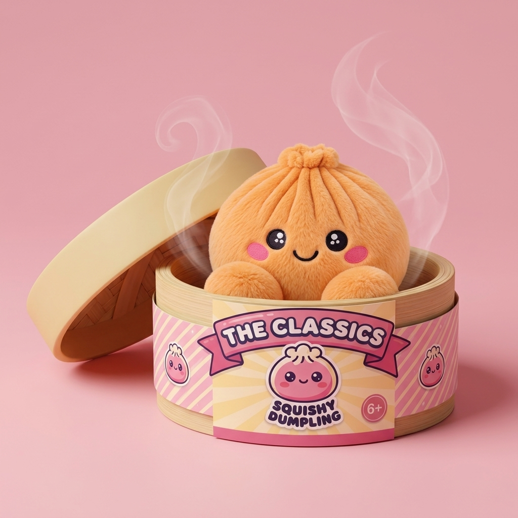 Squishy Dumpling Orange Plüschtier im Bambus-Dämpfkörbchen