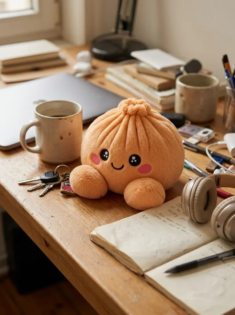 Squishy Dumpling Orange Plüschtier auf dem Schreibtisch