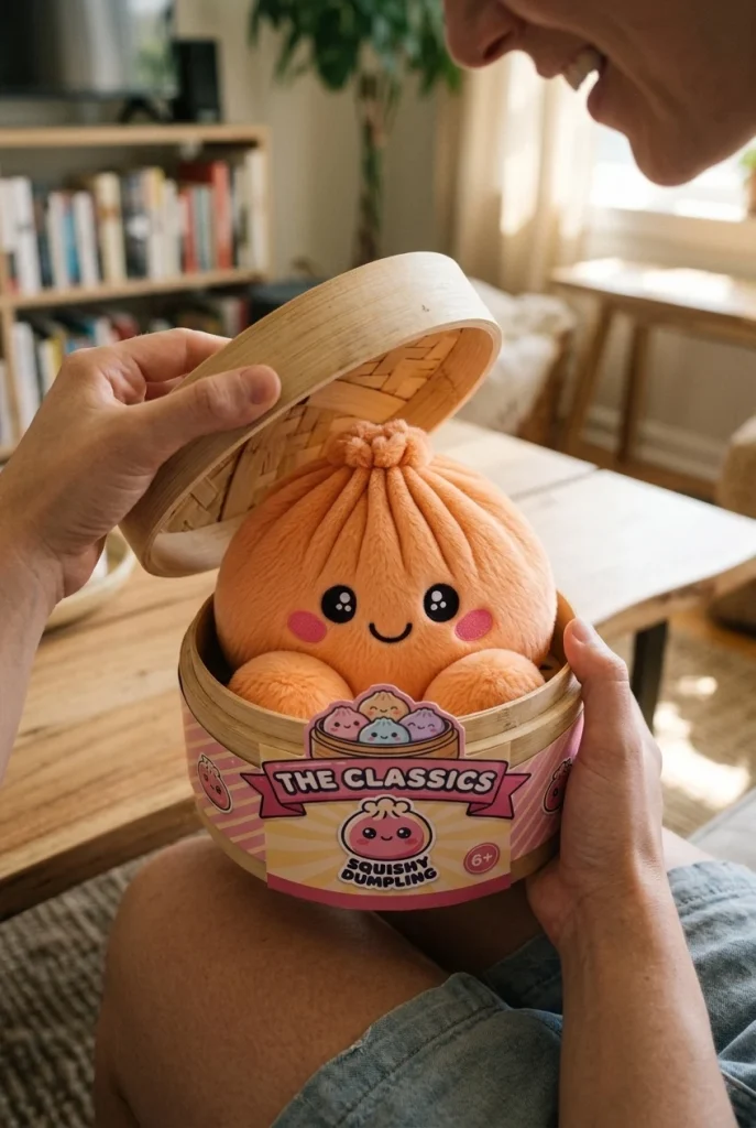 Squishy Dumpling Orange Plüschtier beim Auspacken