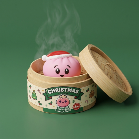 Dumpling Squishy Weihnachtsmütze Rosa Zuckersüß im Bambus-Dämpfkörbchen