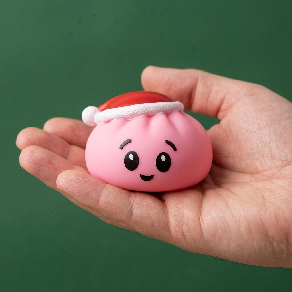 Dumpling Squishy Weihnachtsmütze Rosa Zuckersüß in der Hand gehalten, echte Größe