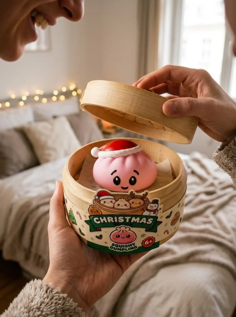 Dumpling Squishy Weihnachtsmütze Rosa Zuckersüß beim Auspacken