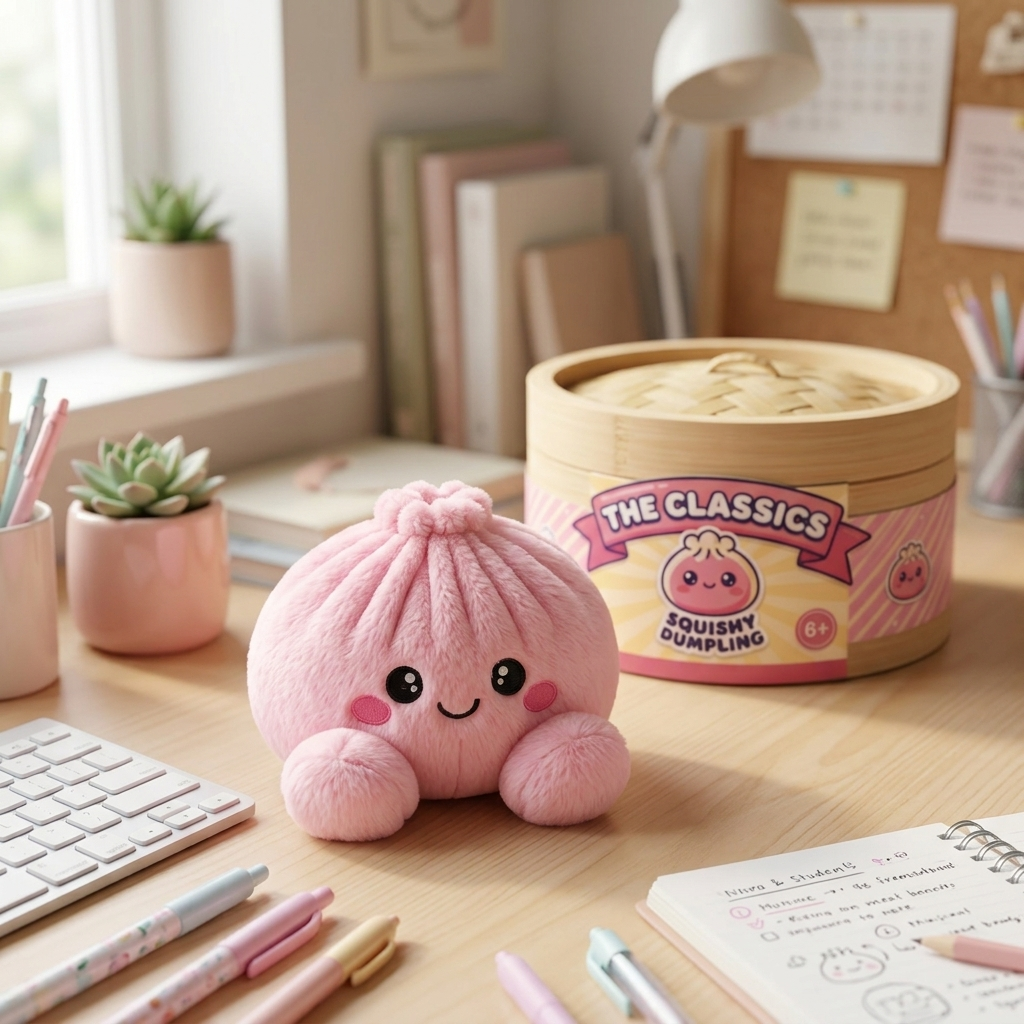 Dumpling Squishy Plüsch Rosa Pfingstrose in seiner kawaii Umgebung