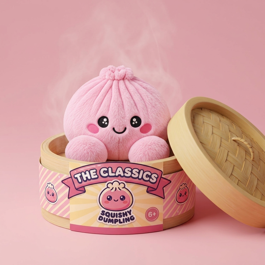 Dumpling Squishy Plüsch Rosa Pfingstrose im Bambus-Dämpfkörbchen