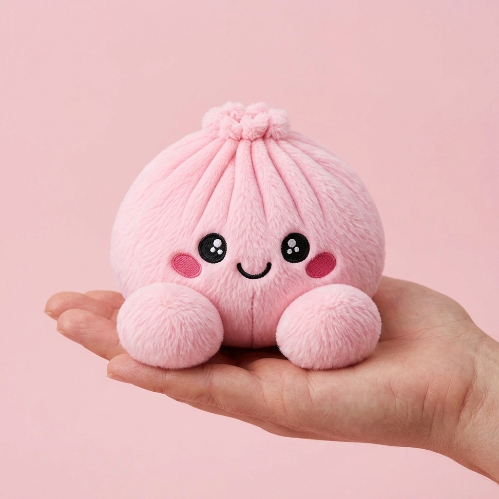 Dumpling Squishy Plüsch Rosa Pfingstrose in der Hand gehalten, echte Größe