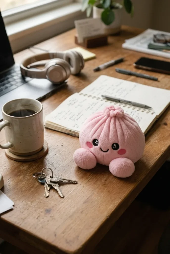 Dumpling Squishy Plüsch Rosa Pfingstrose auf dem Schreibtisch