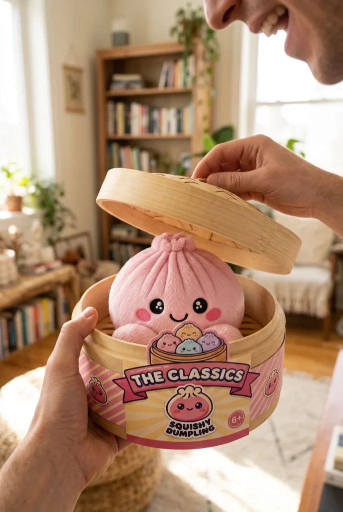 Dumpling Squishy Plüsch Rosa Pfingstrose beim Auspacken