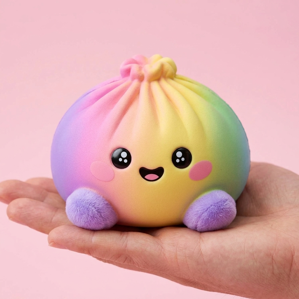 Squishy Dumpling Regenbogen Pastell in der Hand gehalten, echte Größe