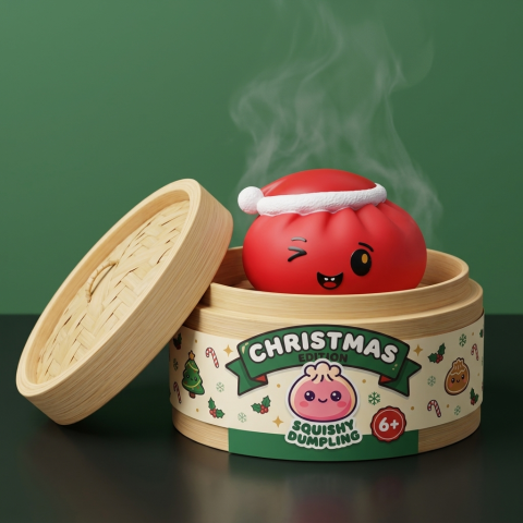 Christmas Hat Dumpling Squishy Rot im Bambus-Dämpfkörbchen