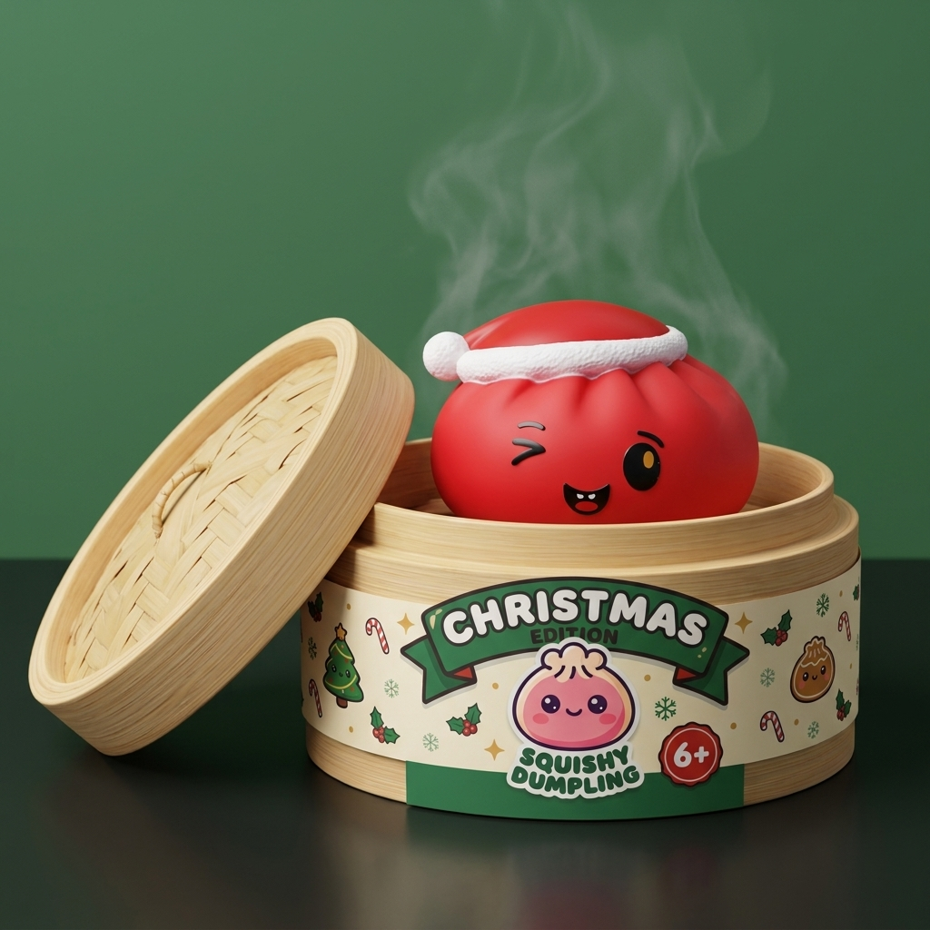 Christmas Hat Dumpling Squishy Rot im Bambus-Dämpfkörbchen