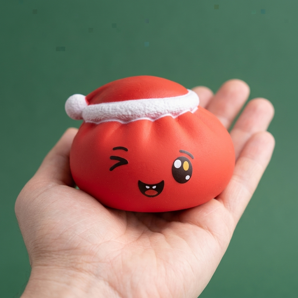 Christmas Hat Dumpling Squishy Rot in der Hand gehalten, echte Größe