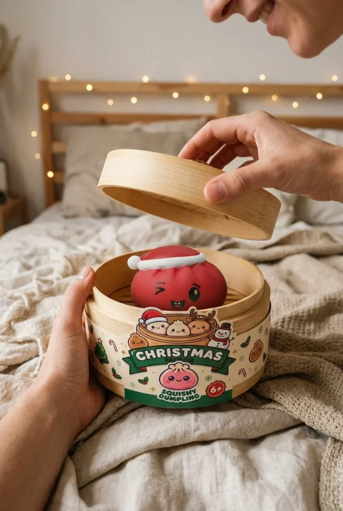 Christmas Hat Dumpling Squishy Rot beim Auspacken