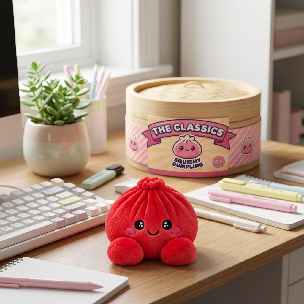 Dumpling Squishy Plüsch Rubinrot in seiner kawaii Umgebung