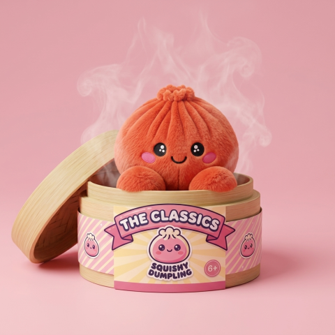 Dumpling Squishy Plüsch Rubinrot im Bambus-Dämpfkörbchen